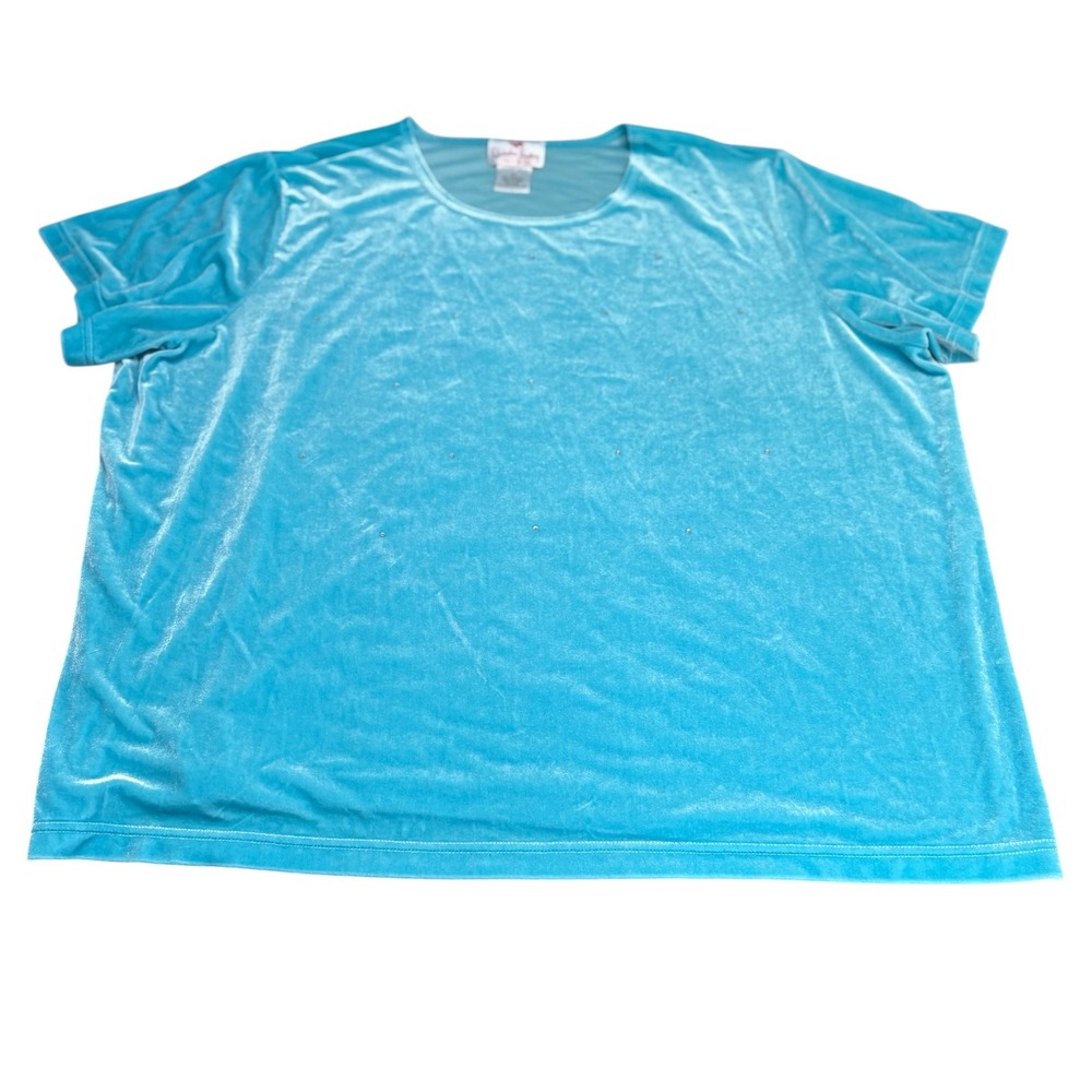 Quacker Factory Top Women 3X Velour Blue Rhinestones Relaxed Sparkle Stretch